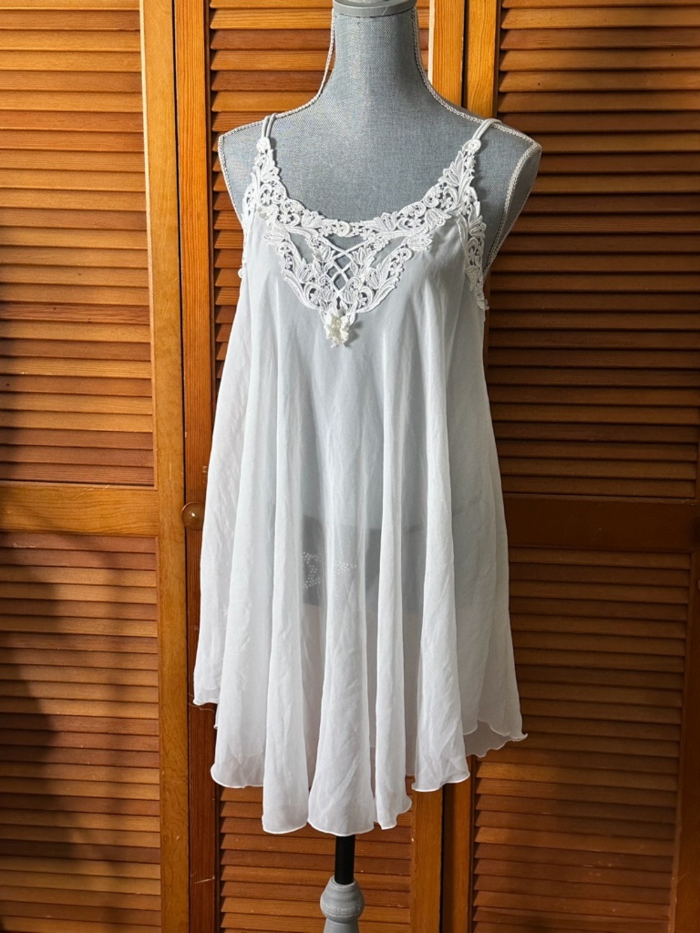 Vintage White Sheer Lace Trim Whimsical Chiffon Bridal Lingerie Slip Dress